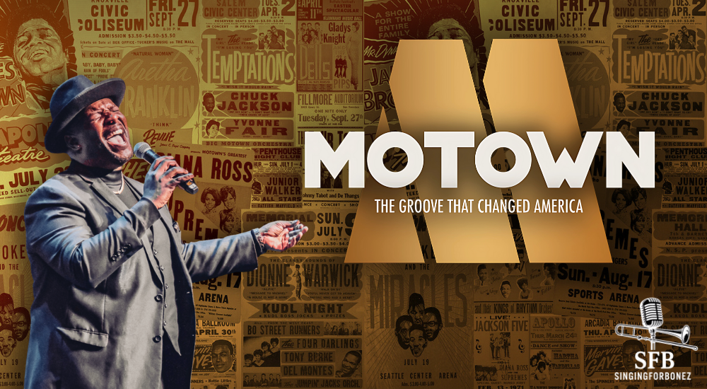 Motown musical poster with a singer on stage, vintage concert backdrop.