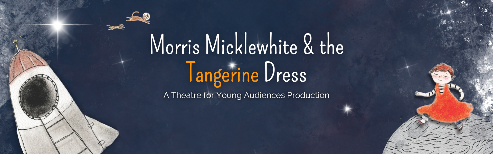 Book cover illustration: child in tangerine dress on a moon with a rocket, the sky is filled with stars.