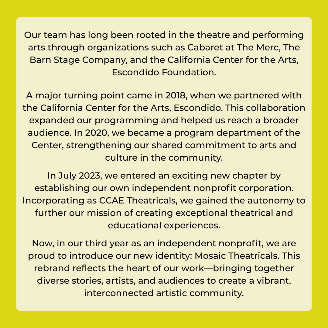 Text on a yellow background detailing the history of Mosaic Theatricals and their mission to strengthen community.