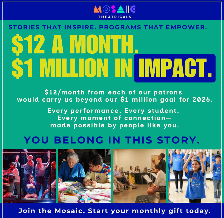 Mosaic fundraising poster: “$12 a month. $1 million in impact.” with photos of volunteers and a donation call to join.