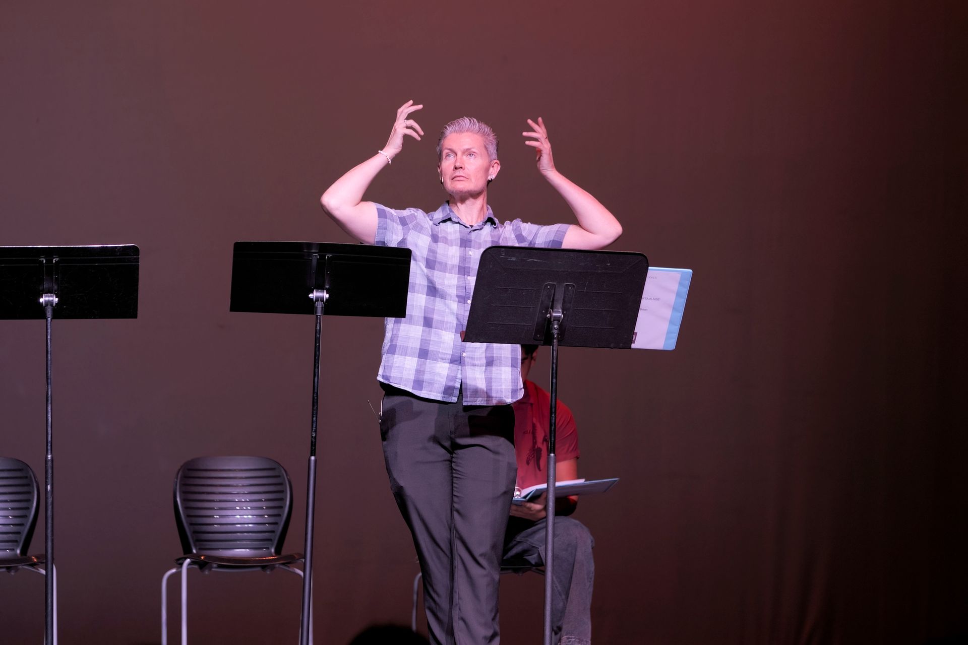 Person on stage gestures with hands up, reading from a music stand; another person seated.