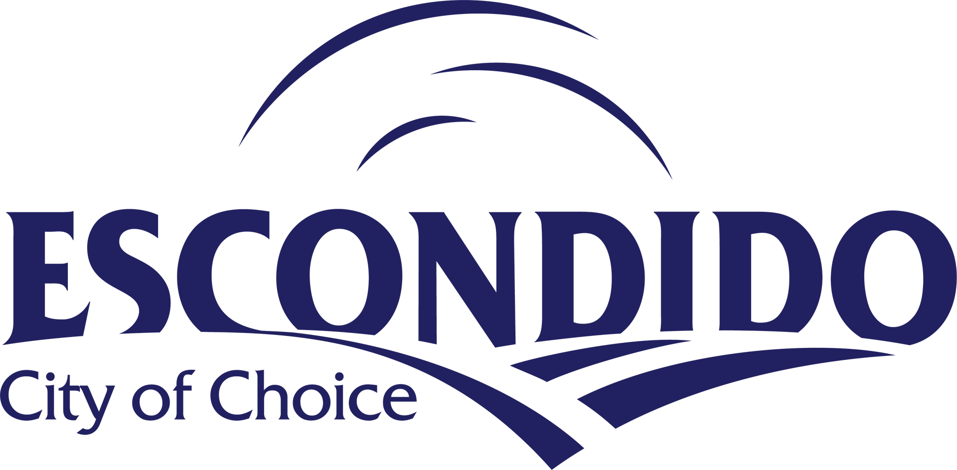 Escondido city logo: blue text and curved lines. "Escondido" with "City of Choice" below it.