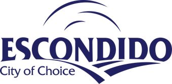 Escondido city logo: blue text and curved lines. "Escondido" with "City of Choice" below it.