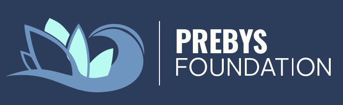 Logo for Prebys Foundation. Blue and teal floral design with the words “PREBYS FOUNDATION” in white.