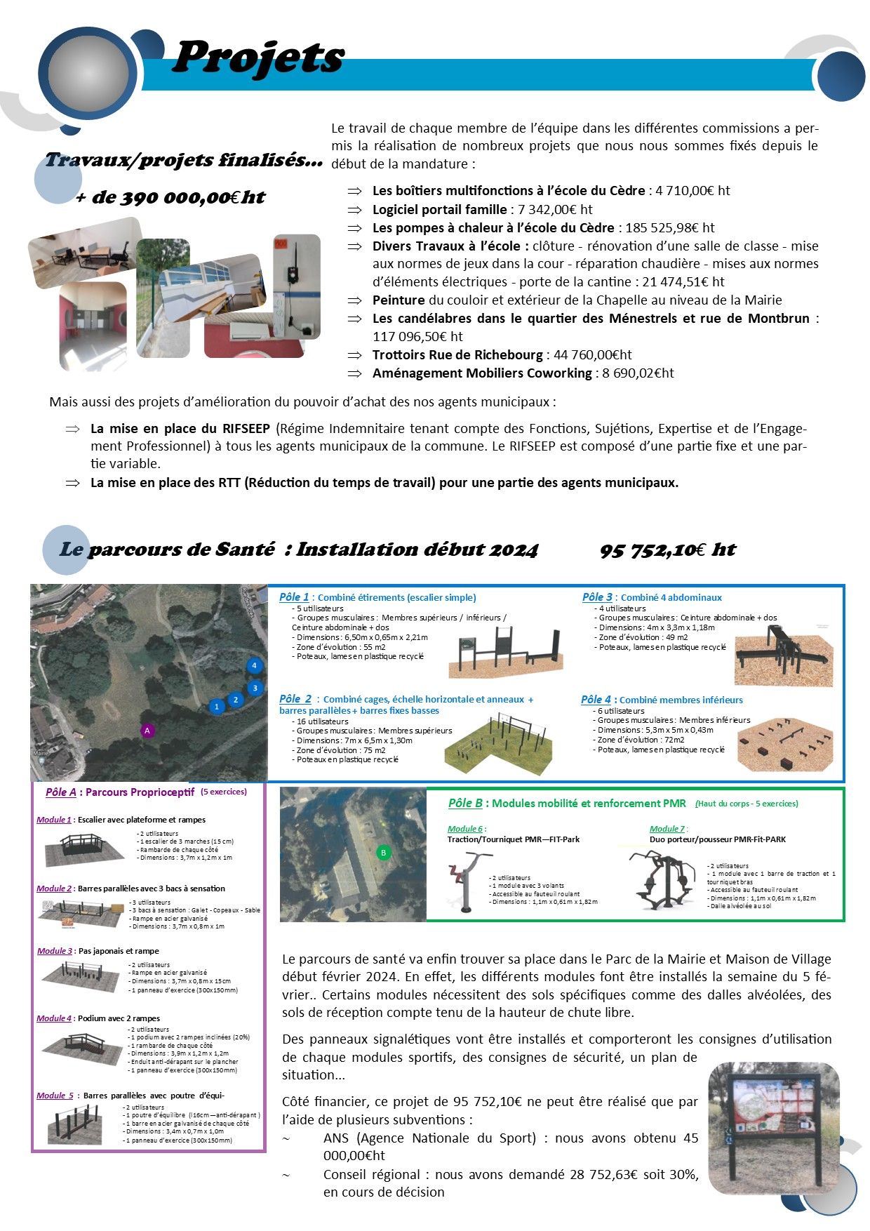 Affiche informative détaillant le projet. Comprend des photos du matériel et des plans d'un espace vert. Texte en français.