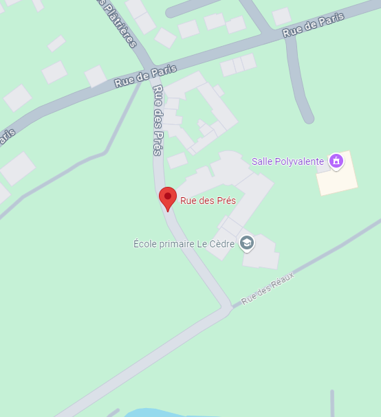 Vue cartographique : marqueur rouge sur la « Rue des Prés » près d’une école primaire et d’un centre communautaire dans une zone verte.