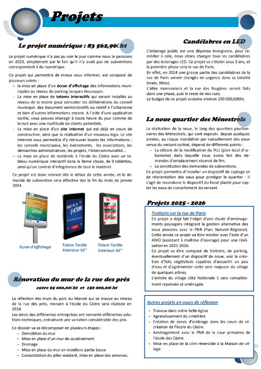 Page détaillant les projets numériques, notamment les plans de rénovation des rues et les initiatives d'affichage LED.