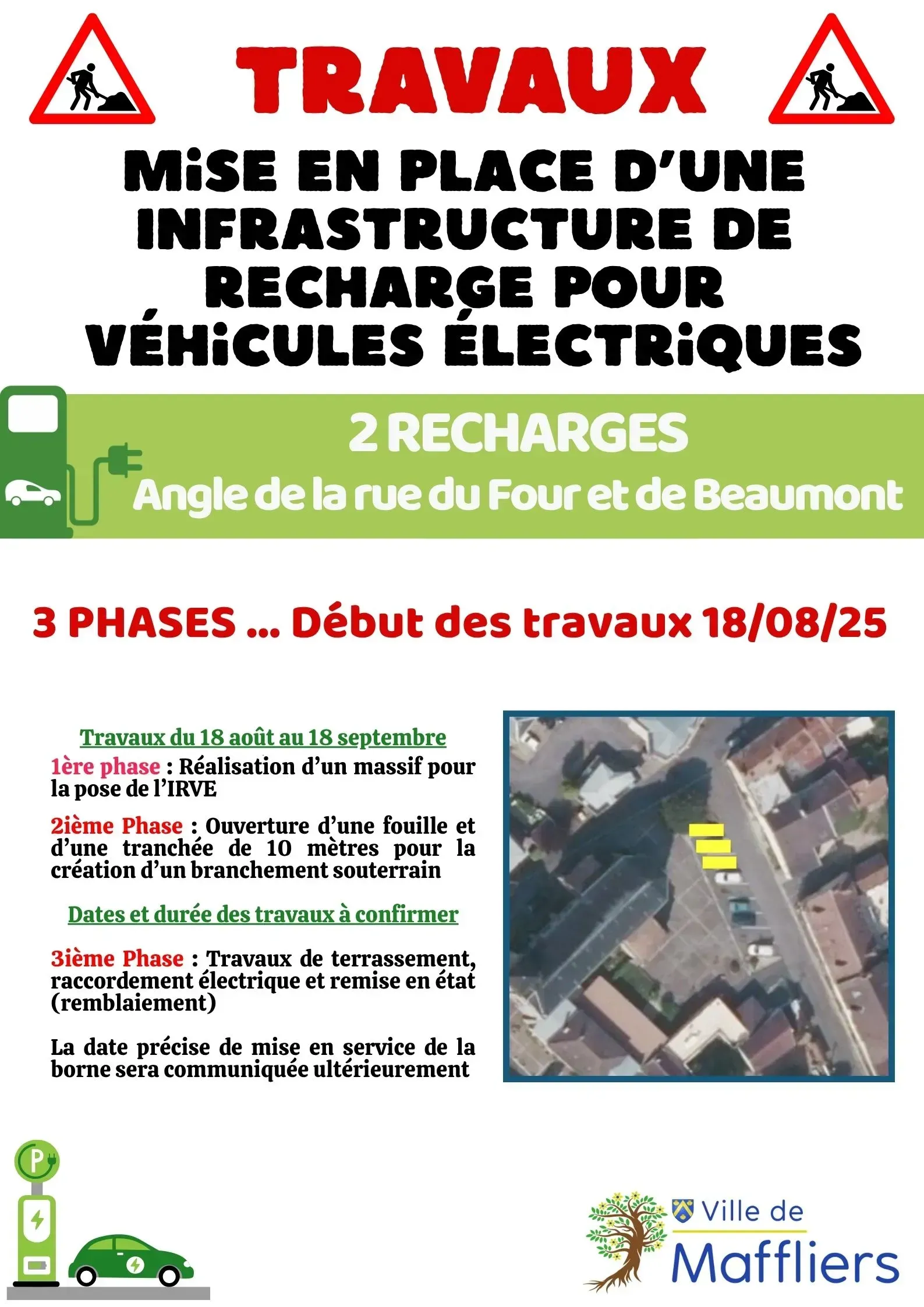 Panneau annonçant l'installation de bornes de recharge pour véhicules électriques à Maffliers, en France.