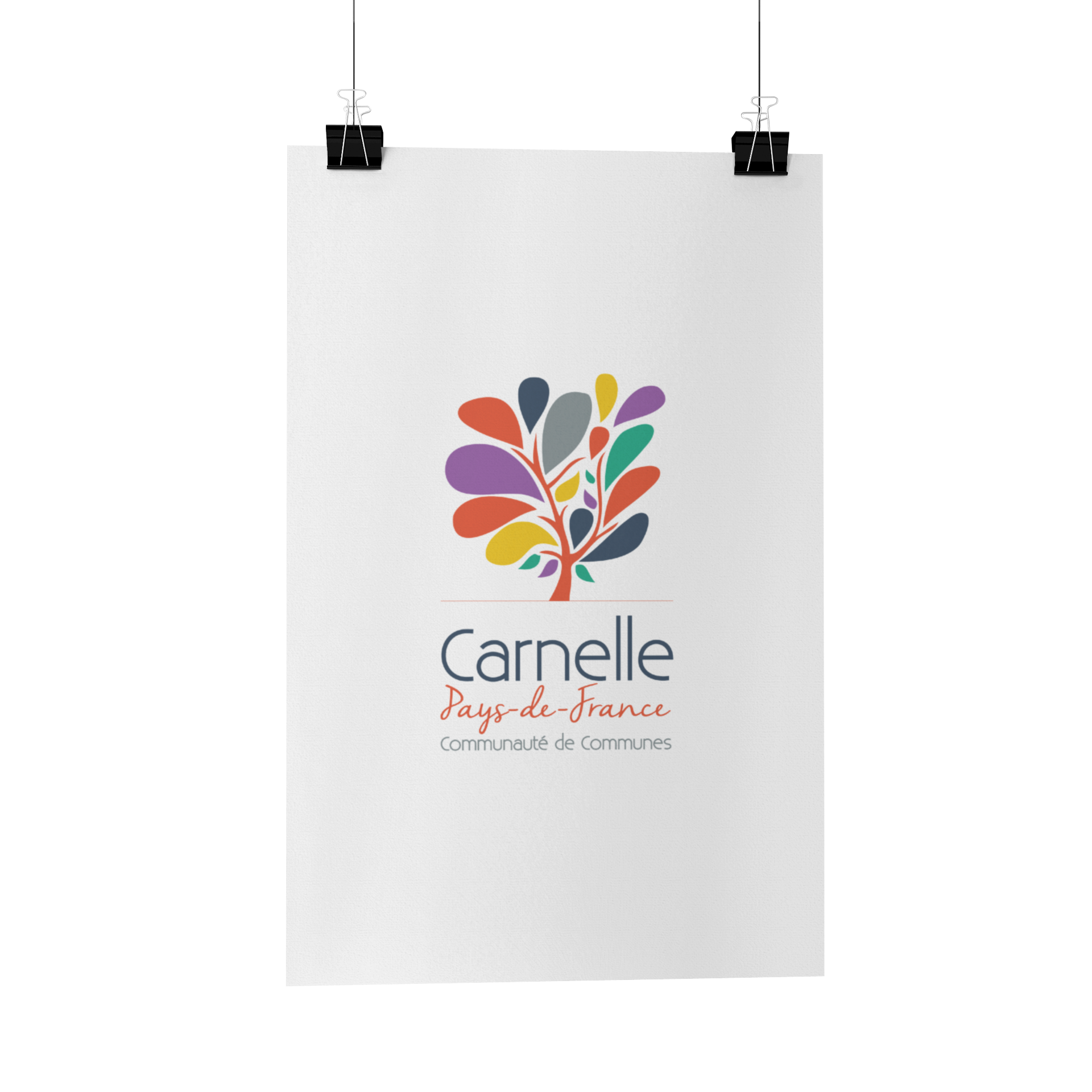 Affiche avec le logo Carnelle : un motif coloré en forme d'arbre et le texte « Carnelle Pays de France ».