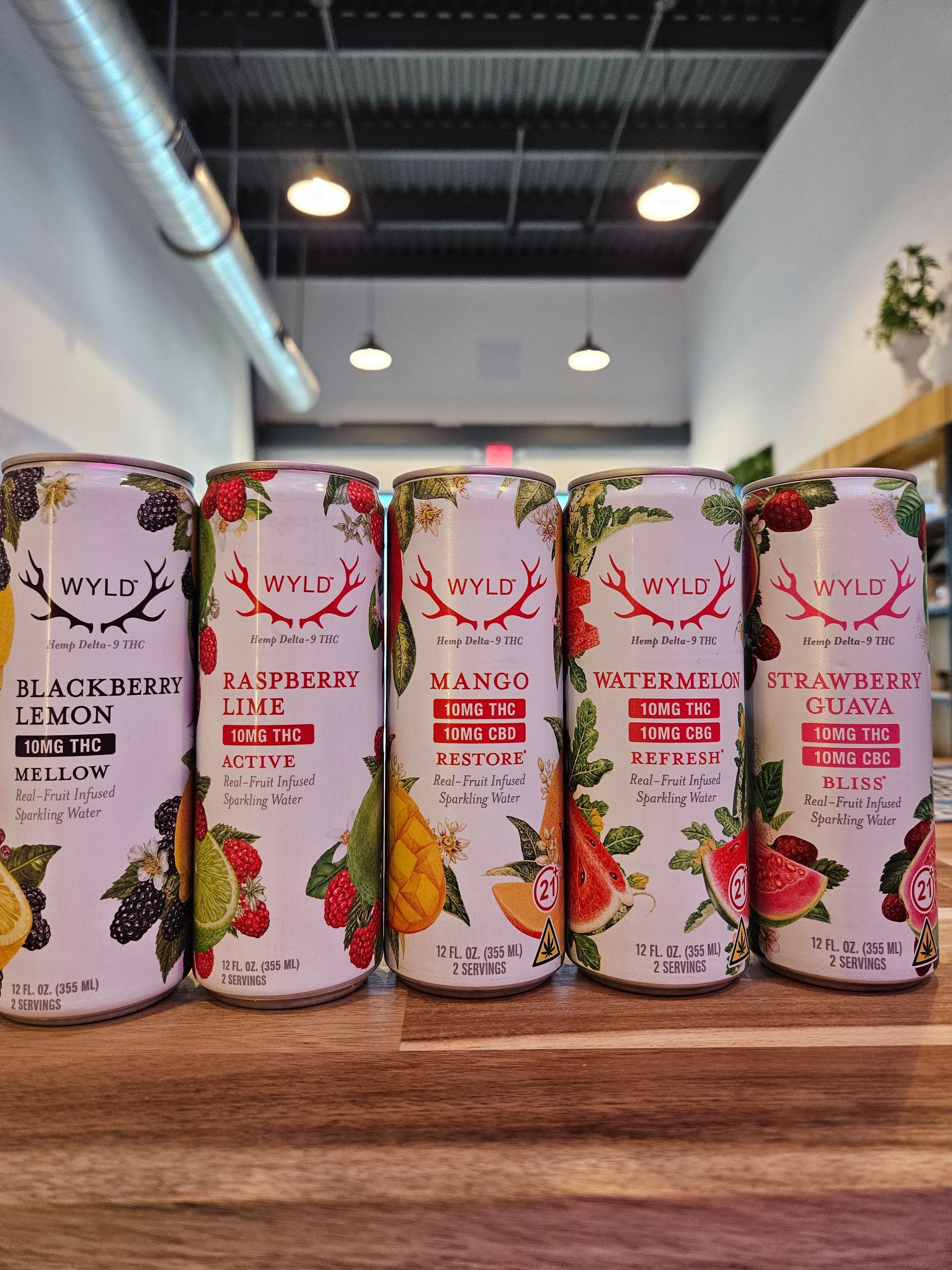 Wyld hemp-derived Delta-9 THC 10 mg seltzers — Raspberry Lime, Blackberry Lemon, Strawberry Guava, Watermelon, Mango — available at High Tides CBD Corpus Christi.