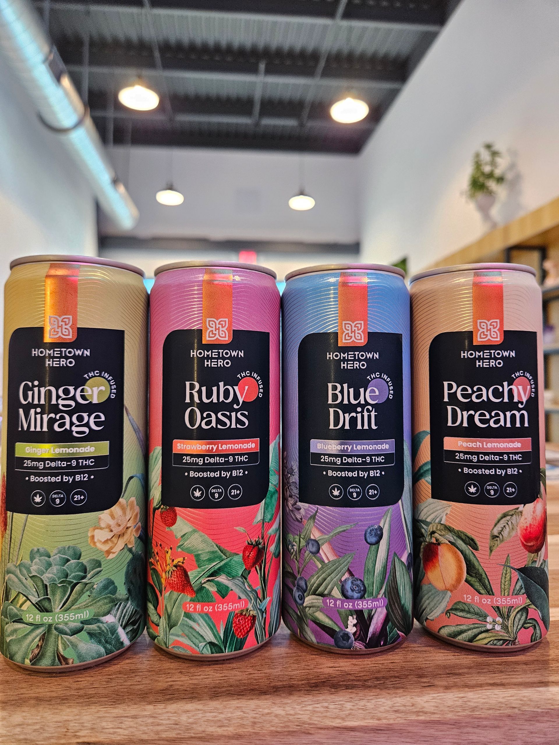 Hometown Hero hemp-derived Delta-9 THC 25 mg seltzers — Peach Lemonade, Ginger Lemonade, Blueberry Lemonade, Strawberry Lemonade — at High Tides CBD Corpus Christi.
