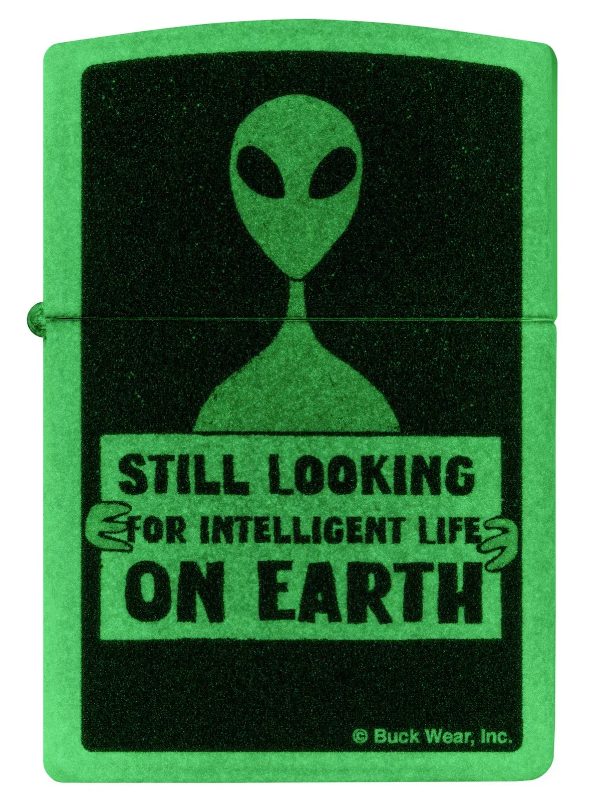 Green Zippo lighter featuring alien holding a sign, glow-in-the-dark artwork – SKU 46092