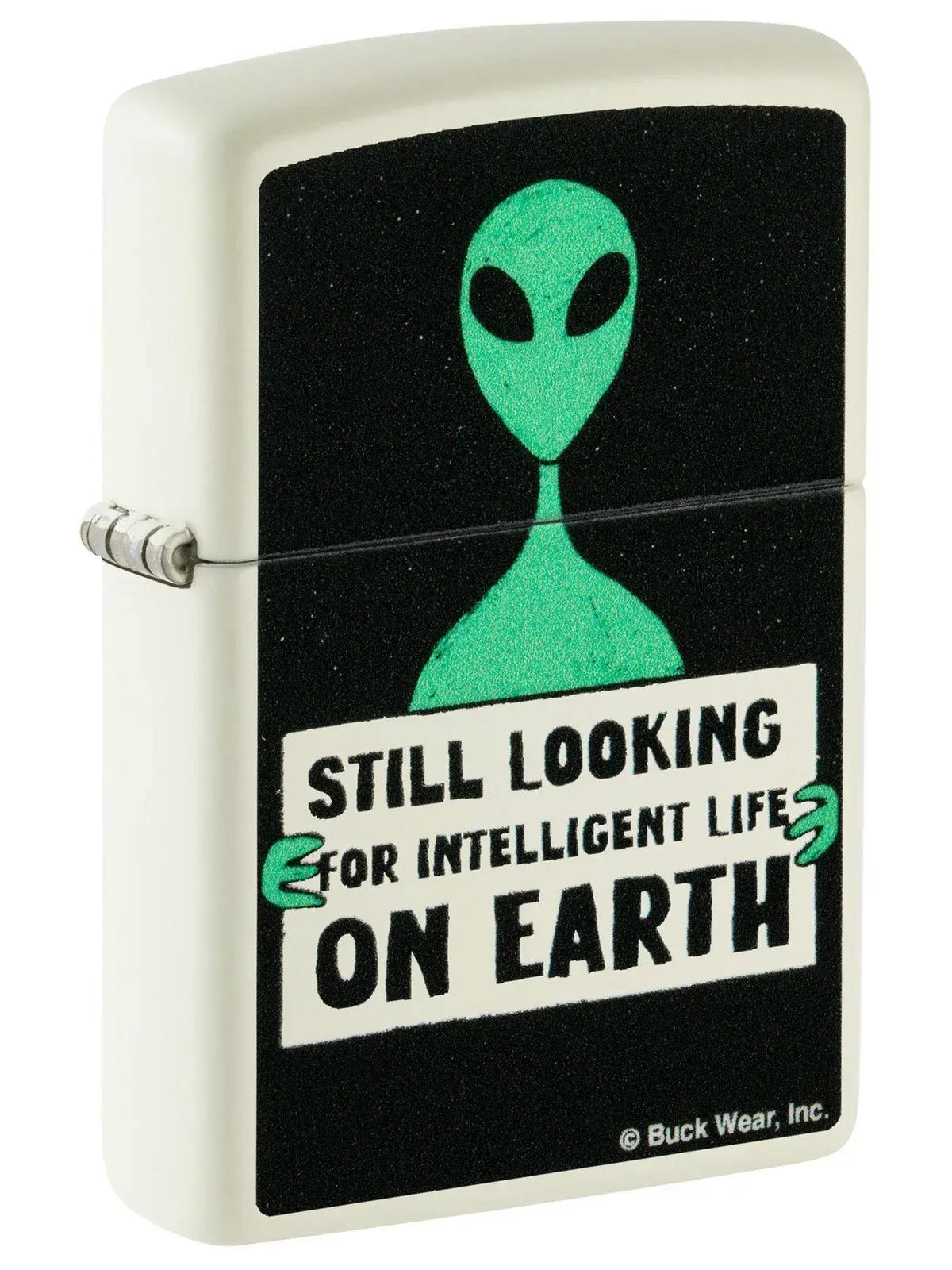 Green Zippo lighter featuring alien holding a sign, glow-in-the-dark artwork – SKU 46092
