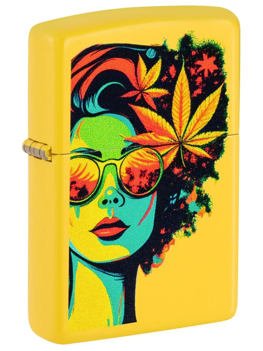 Sunflower Zippo lighter featuring Blazing Beauty artwork with weed leaves – SKU 46231