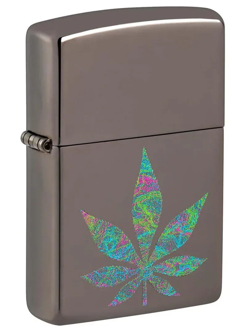 Black Ice Zippo lighter with colorful weed leaf graphic – SKU 48578