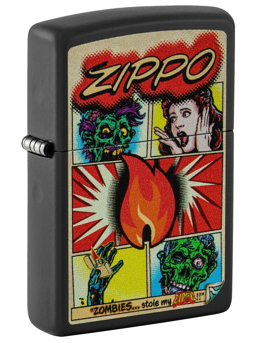 Black matte Zippo lighter with comic-book style zombie graphic – SKU 46229