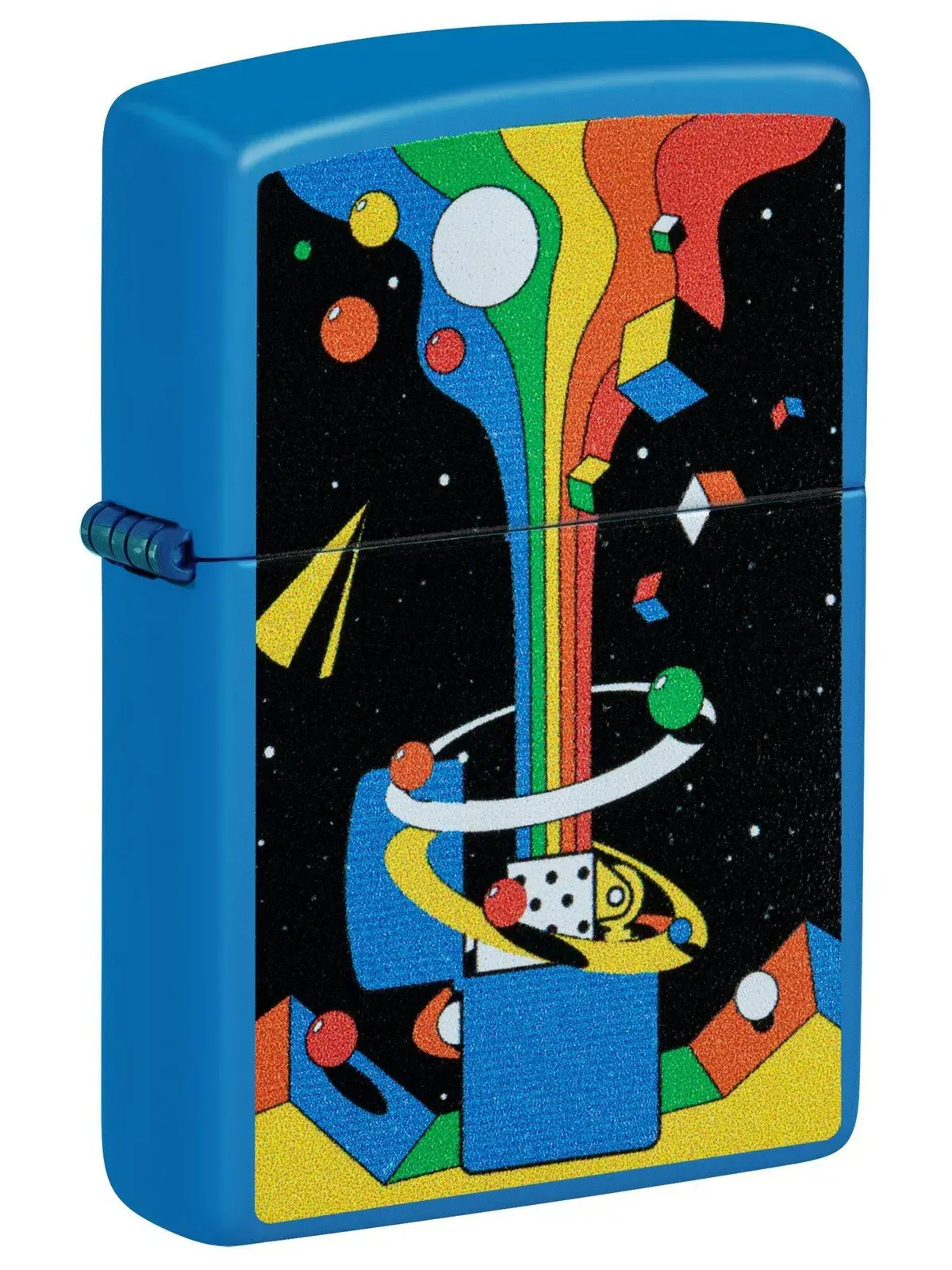 Sky blue matte Zippo lighter with cosmic Zippo logo artwork – SKU 46155