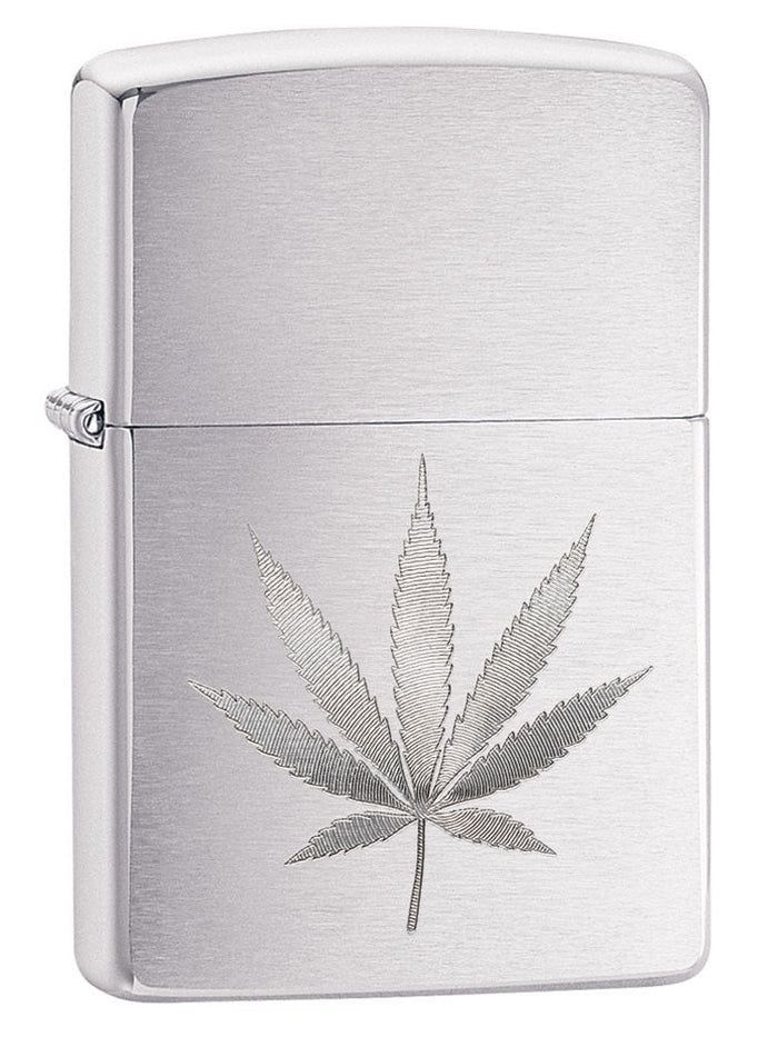 Zippo lighter with engraved weed leaf design on brushed chrome finish – SKU 29587