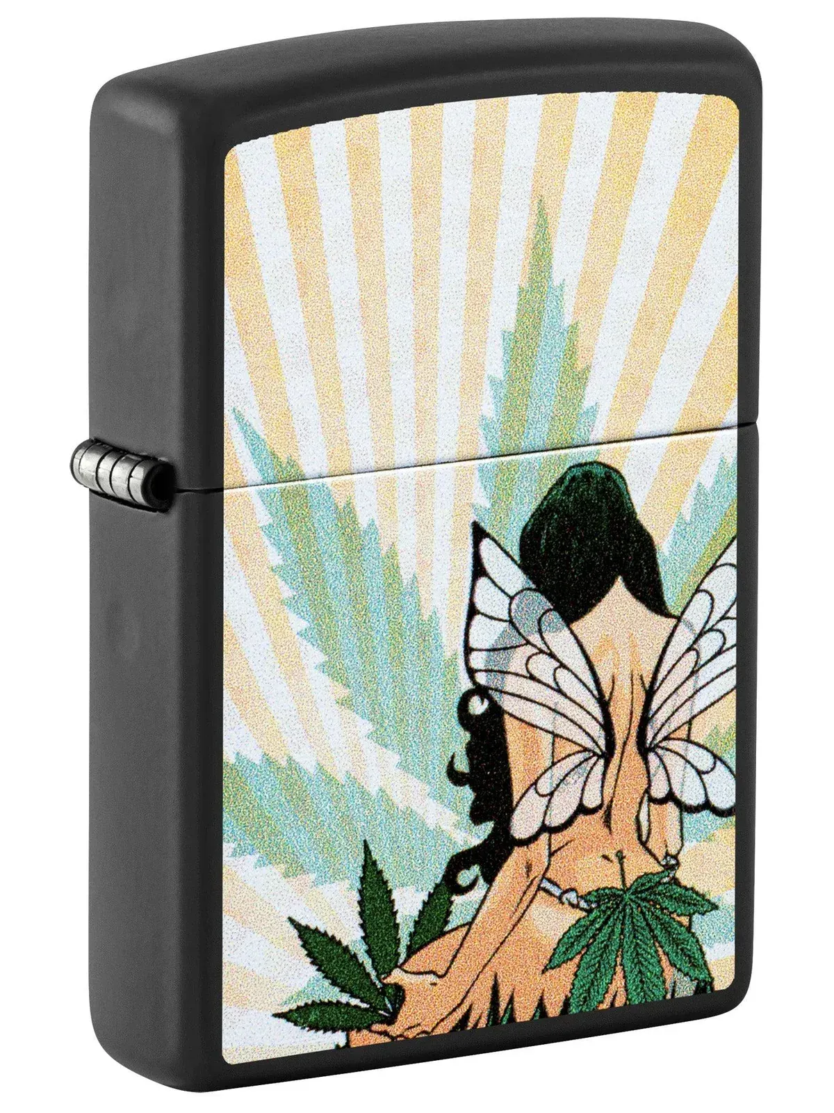 Zippo Lighter: Fairy with Weed Leaf - Black Matte