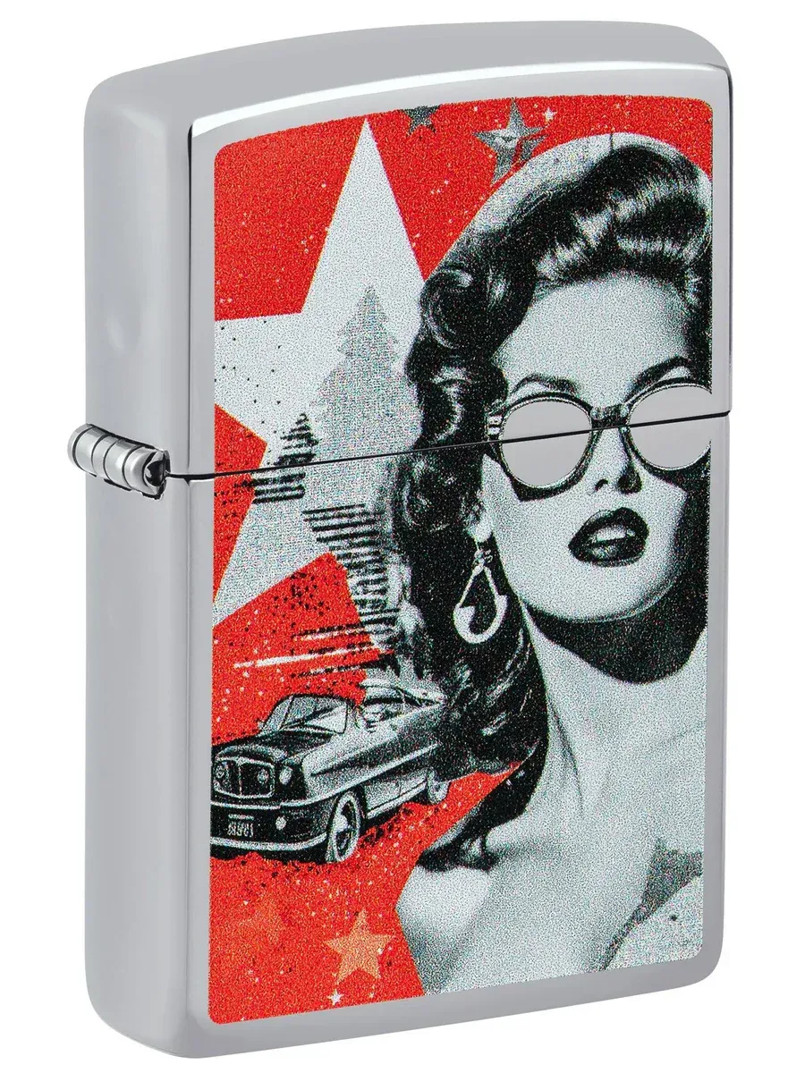 High polish chrome Zippo lighter with glam glasses artwork – SKU 46239
