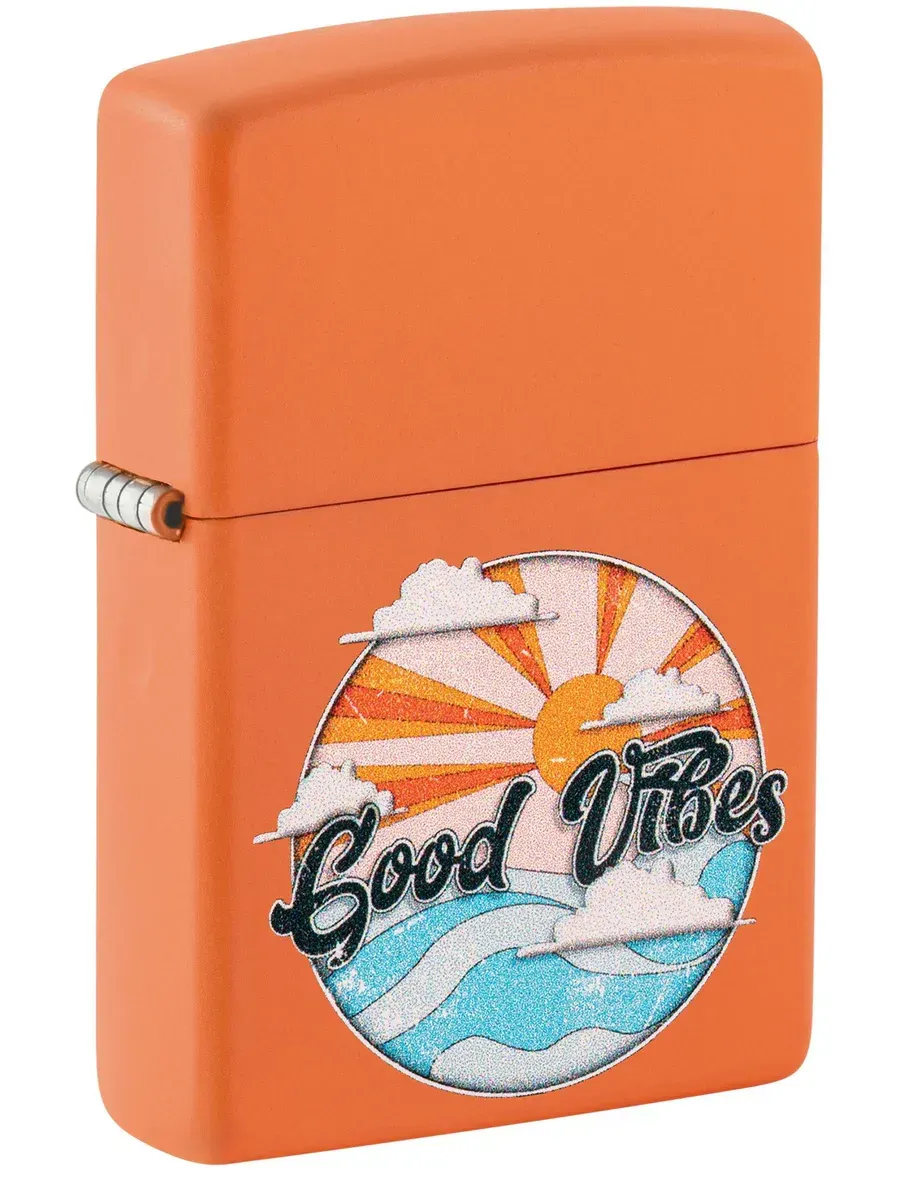 Orange matte Zippo lighter with ‘Good Vibes’ text artwork – SKU 48847