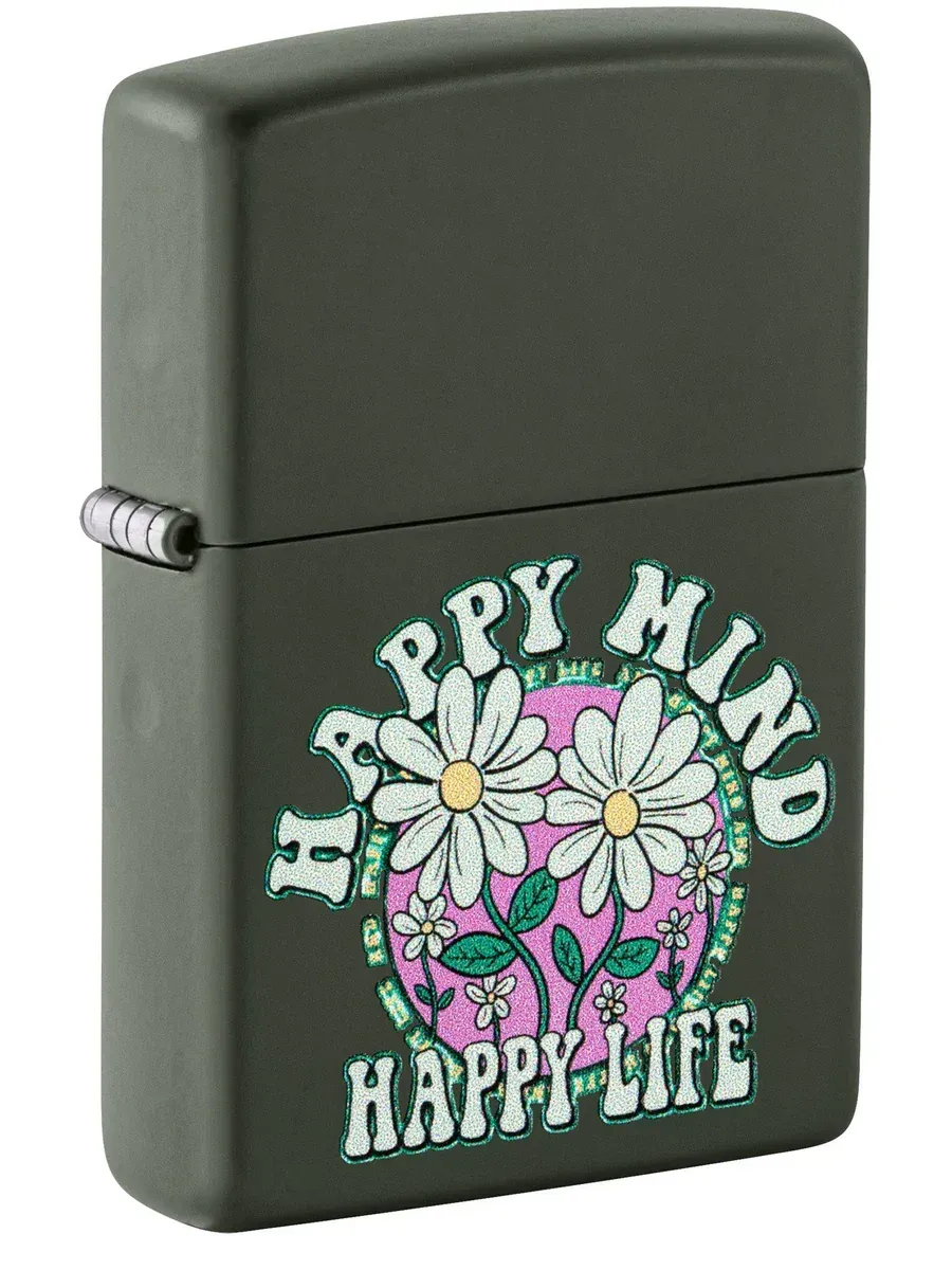 Green matte Zippo lighter with ‘Happy Mind, Happy Life’ inspirational design – SKU 46060