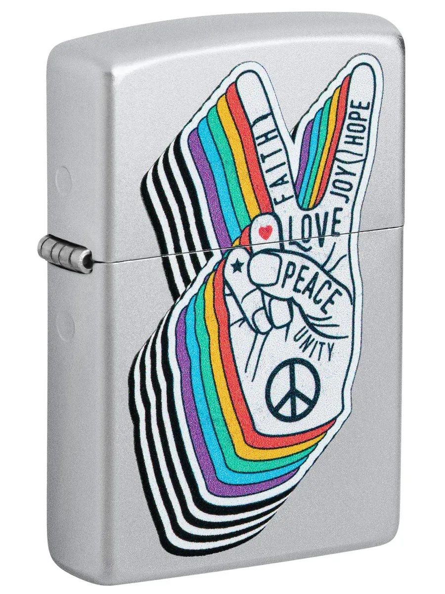 Satin chrome Zippo lighter featuring peace sign symbol artwork – SKU 46047