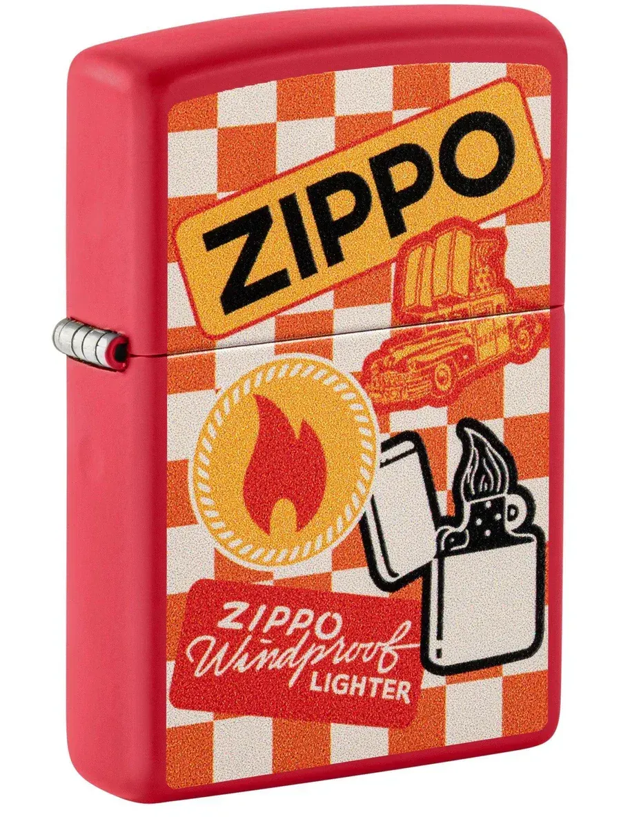 Red matte Zippo lighter with retro Zippo logo graphic – SKU 48998