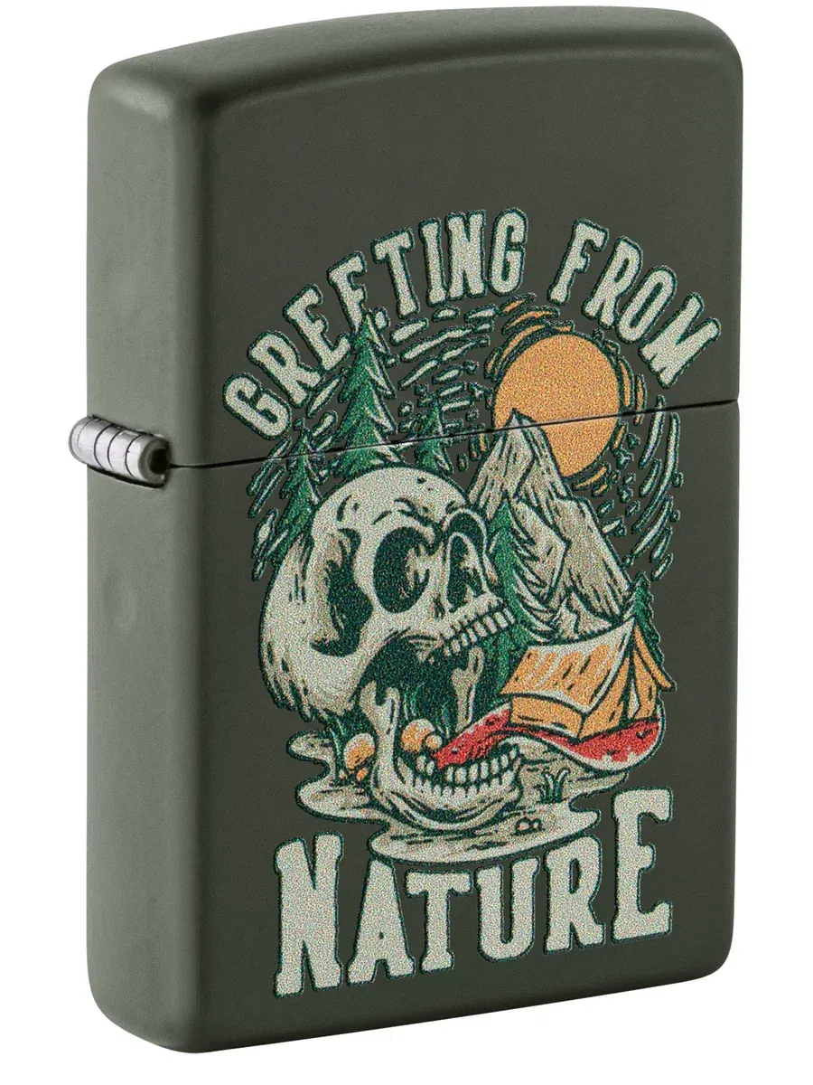 Green matte Zippo lighter featuring skull and nature scene artwork – SKU 46067