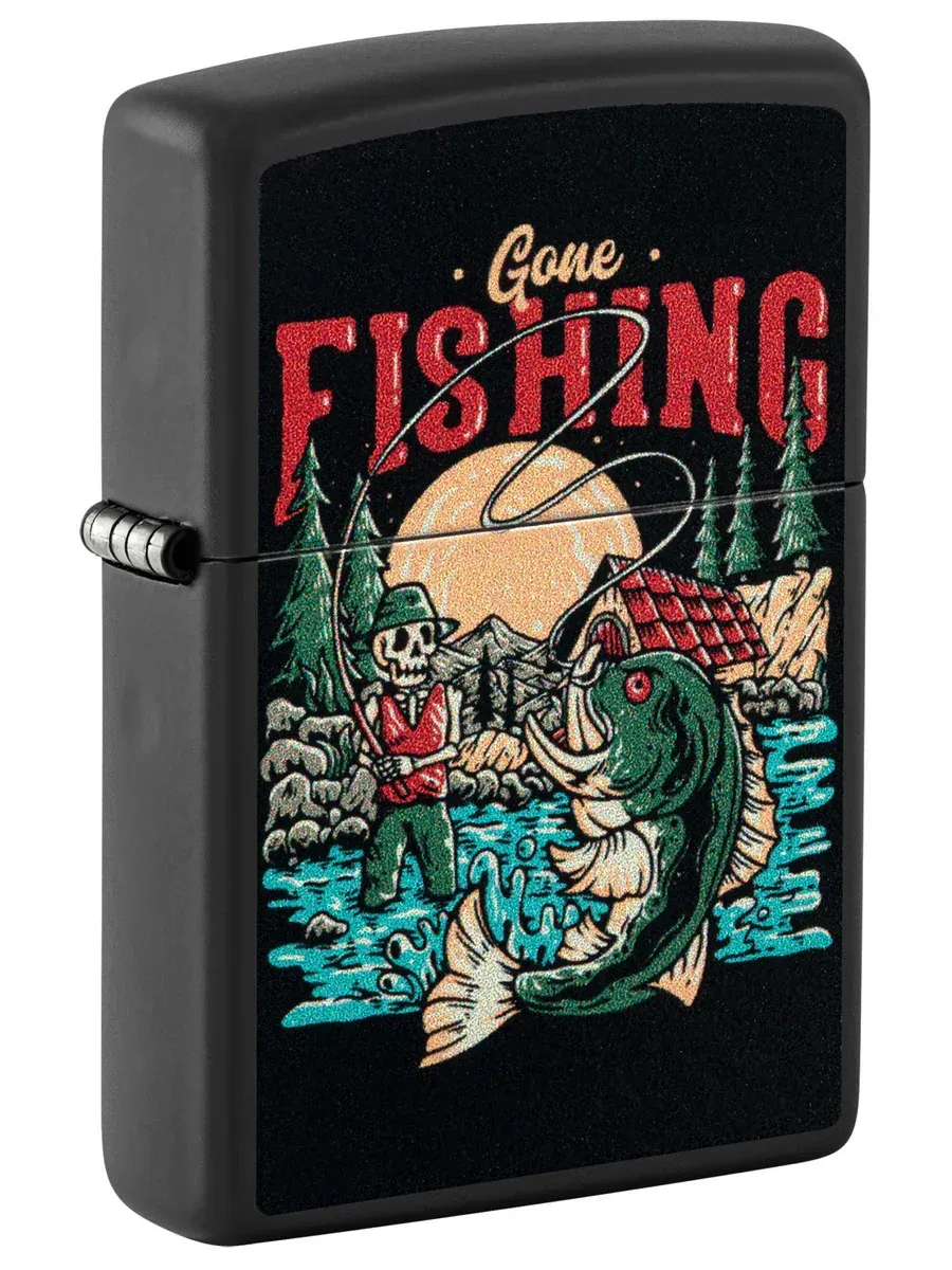 Black matte Zippo lighter with skull and ‘Gone Fishing’ themed artwork – SKU 46068