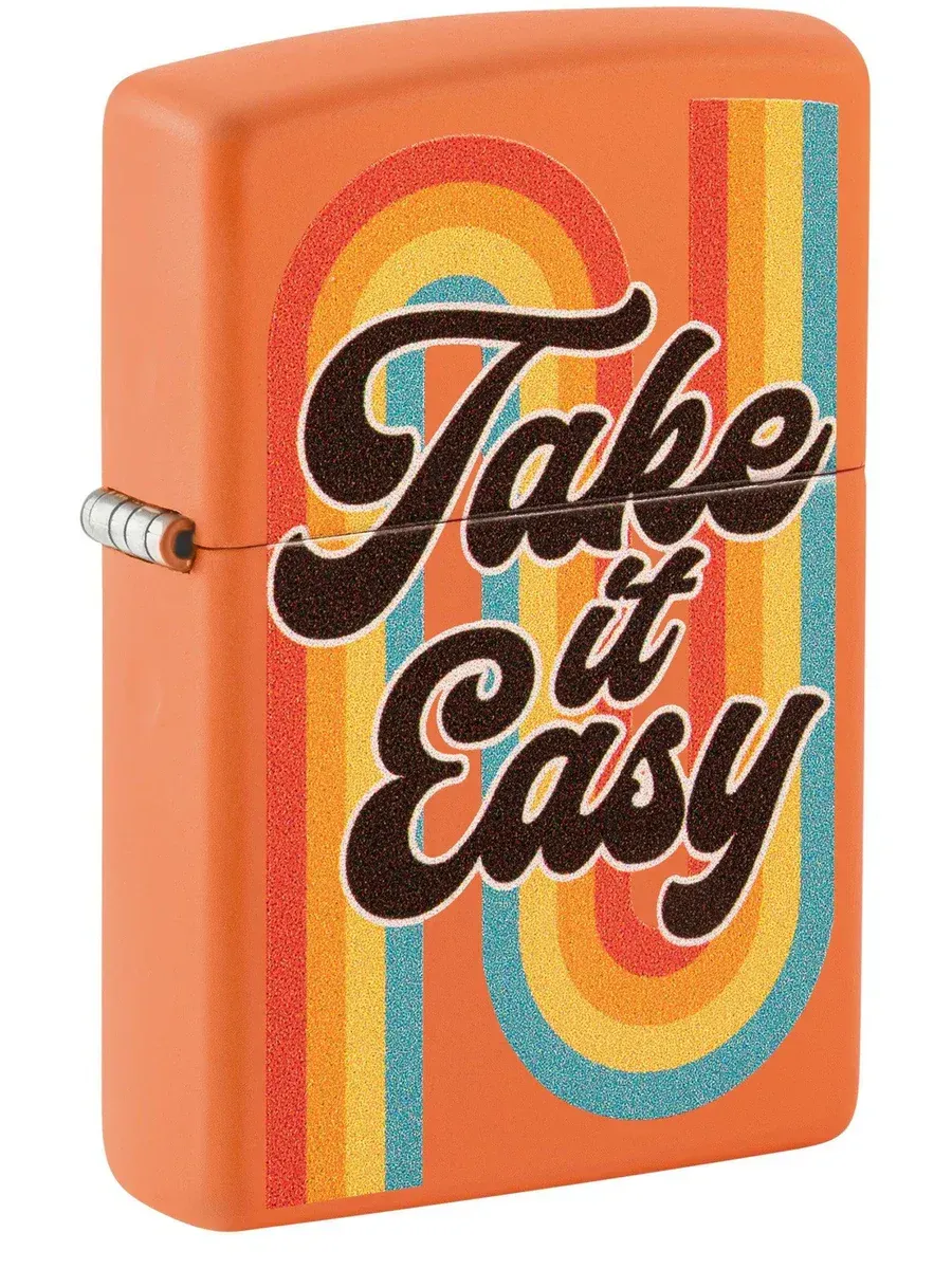 Orange matte Zippo lighter with ‘Take It Easy’ text design – SKU 48883