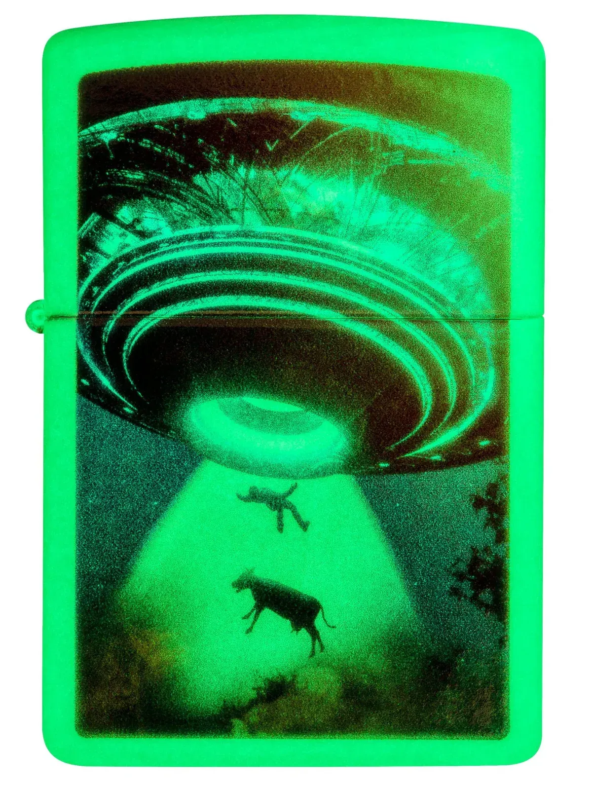 Glow-in-the-dark Zippo lighter showing UFO abduction scene – SKU 49838