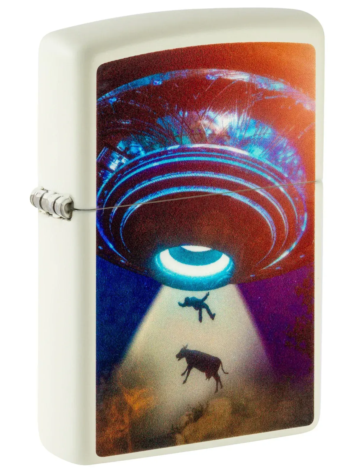 Glow-in-the-dark Zippo lighter showing UFO abduction scene – SKU 49838