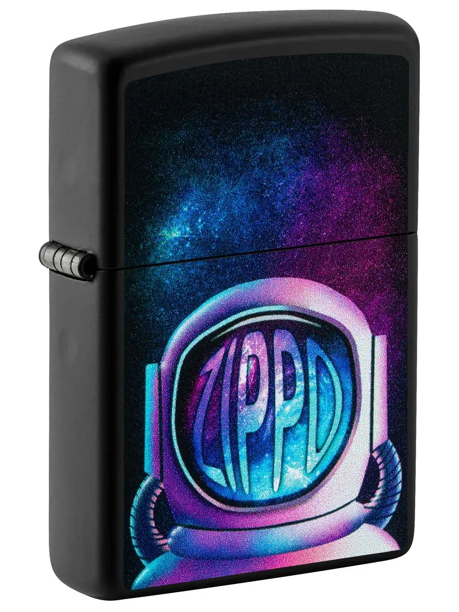 Black matte Zippo lighter featuring astronaut artwork floating in space – SKU 49773