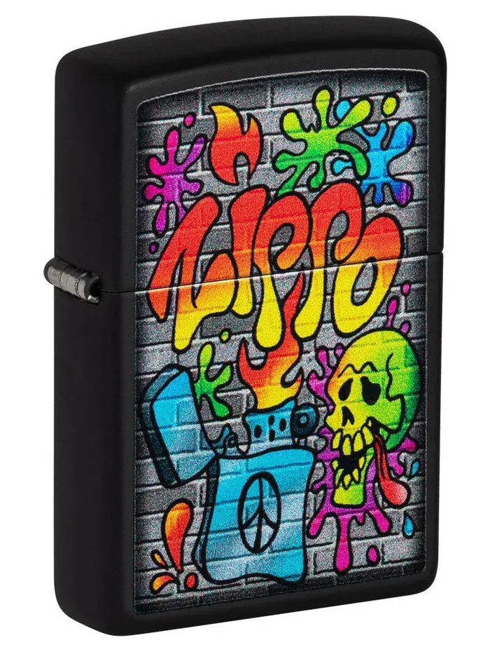 Black matte Zippo lighter with colorful street-art graphic design – SKU 49605