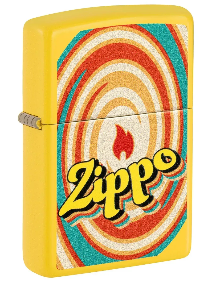 Sunflower yellow Zippo lighter with swirling Zippo logo artwork – SKU 46570
