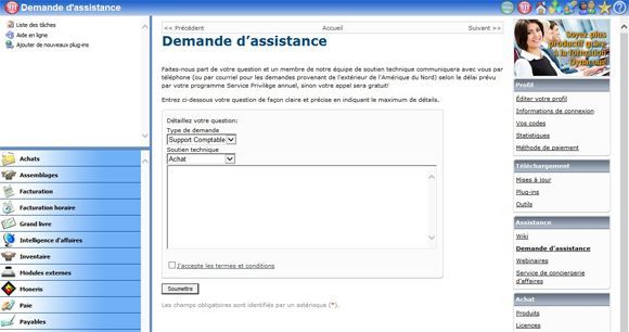 Une page web intitulée « Demande d'assistance » comportant un formulaire pour soumettre des demandes d'assistance, avec un menu de navigation latéral.