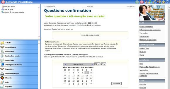 Écran de confirmation pour la soumission d'un formulaire en ligne sur un site web, affichant un message de succès et un outil de calendrier.