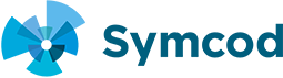 Le logo de Symcod présente une icône stylisée en forme d'étoile bleue à côté du nom de l'entreprise écrit en caractères gras bleu foncé sans empattement.