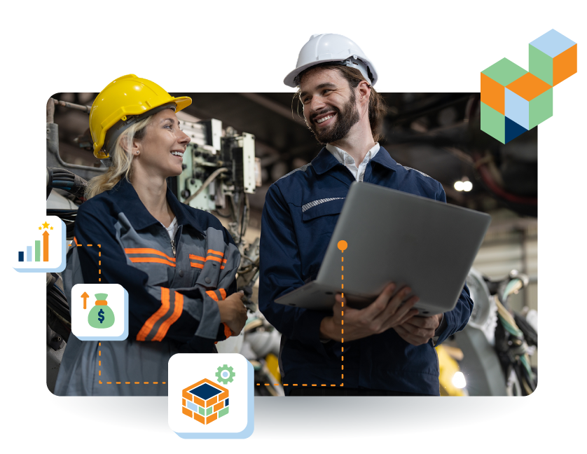 Deux professionnels, casqués et équipés de vêtements de travail, discutent d'un projet tout en consultant un ordinateur portable dans un espace de travail industriel.