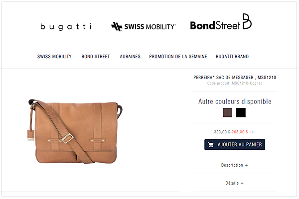 Page produit présentant un sac messager en cuir beige, avec options de couleur, prix et boutons d'achat.
