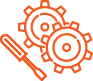 Icône orange représentant deux engrenages imbriqués à côté d'un tournevis, symbolisant la maintenance, la réparation ou les réglages.