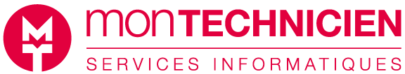 Logo pour « monTECHNICIEN SERVICES INFORMATIQUES » avec une icône circulaire rouge contenant les lettres blanches « M » et « T » à gauche.