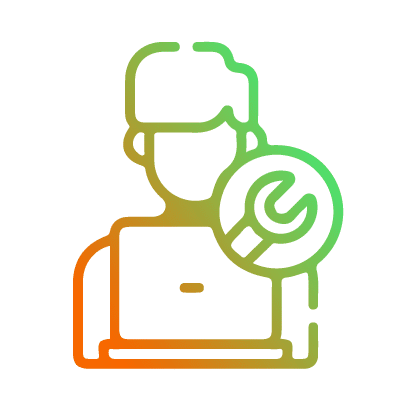 Icône aux couleurs dégradées représentant une personne à un ordinateur portable avec une clé à molette à l'intérieur d'un cercle, symbolisant le support technique.