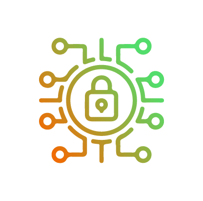 Une icône aux couleurs dégradées représentant un cadenas à l'intérieur d'un cercle avec des lignes qui s'en étendent comme un circuit imprimé.