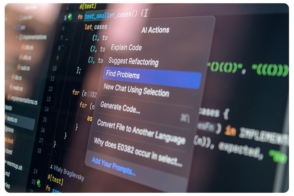 Une fenêtre d'éditeur de code à thème sombre avec un menu Actions IA ouvert affichant diverses options d'assistance au codage.