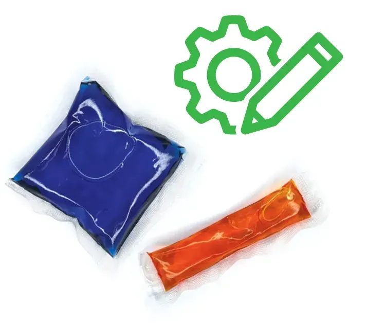 A blue bag , an orange bag , and a green gear and pencil icon on a white background.