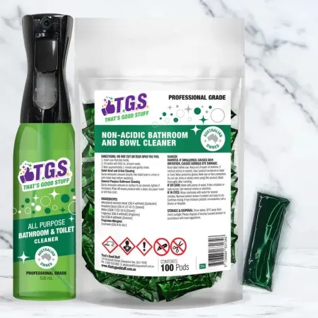 A spray bottle and a bag of non-acidic bathroom and bowl cleaner.