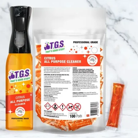 A bottle of citrus all purpose cleaner next to a bag of citrus all purpose cleaner
