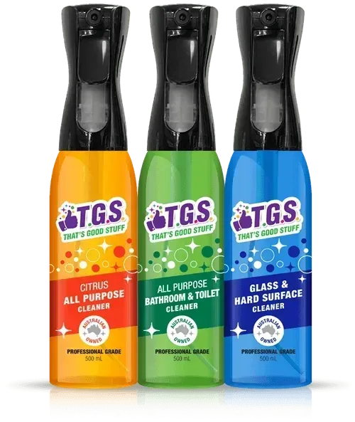 Three bottles of tgs all purpose cleaner are sitting next to each other on a white surface.